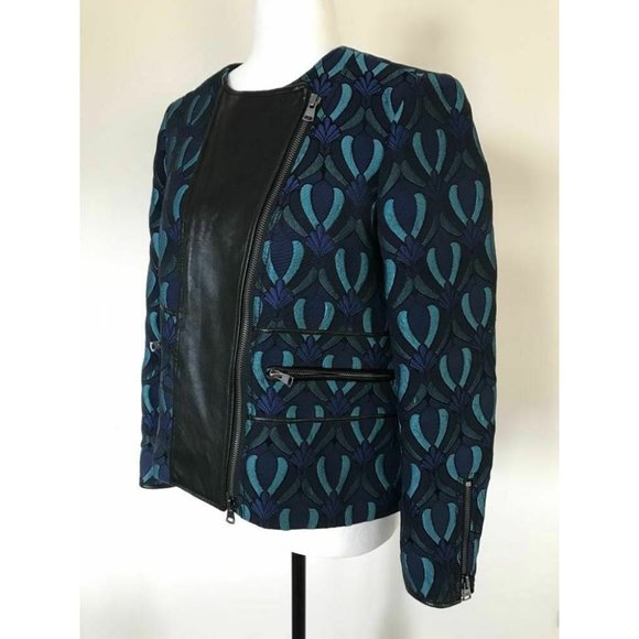CLUB MONACO Moto Jacket Size 2 Lambskin Leather Detail Blue Jacquard Brocade - Picture 6 of 10